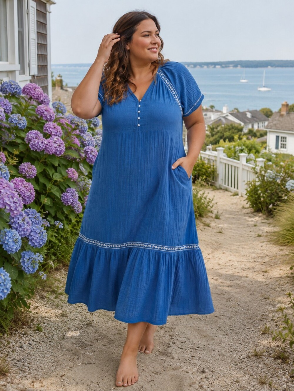 Old Navy Blue Crinkle Crepe Embroidered Peasant Boho Long Maxi Dress Plus Xxl